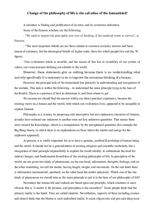 (DOC) Change of the philosophy of life is the salvation of the humankind