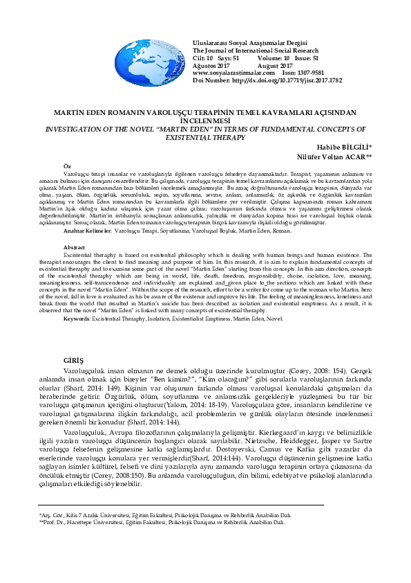 (PDF) MARTİN EDEN ROMANIN VAROLUŞÇU TERAPİNİN TEMEL KAVRAMLARI