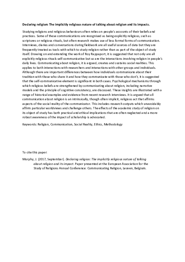 (DOC) Declaring religion: The implicitly religious nature of talking ...