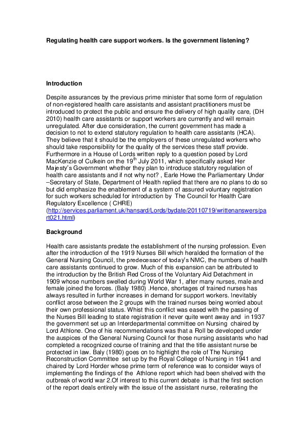 (PDF) the regulation of health care assistants