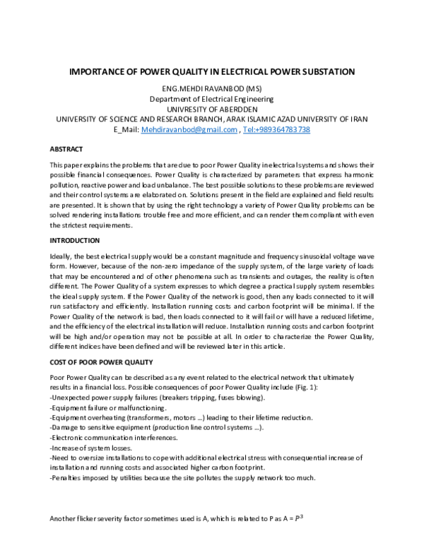 (PDF) IMPORTANCE OF POWER QUALITY IN ELECTRICAL POWER SUBSTATION