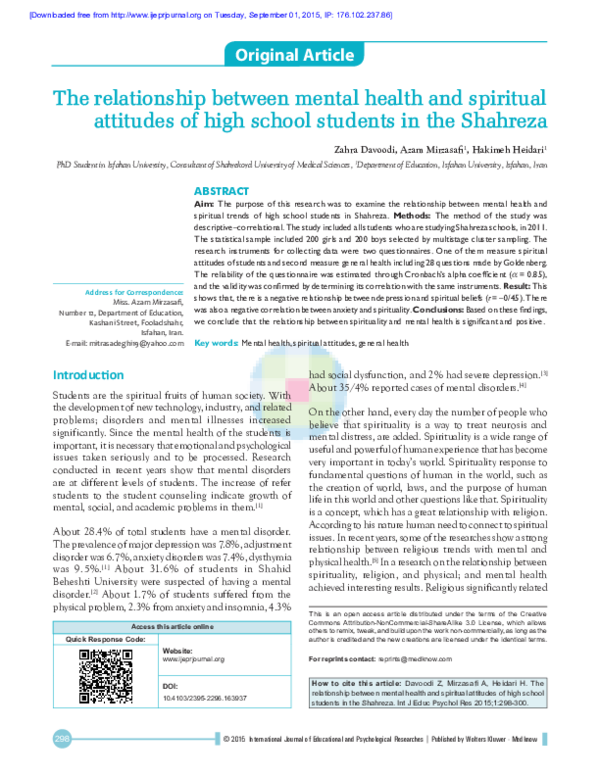 (PDF) The relationship between mental health and spiritual attitudes of ...