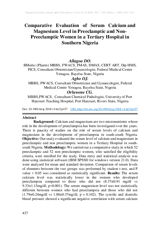 (PDF) Comparative Evaluation of Serum Calcium and Magnesium Level in ...