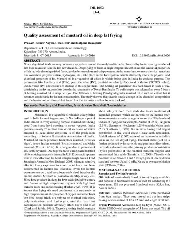 (PDF) Quality assessment of mustard oil in deep fat frying Prakash K