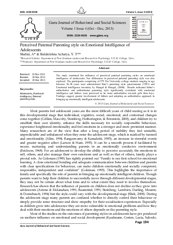 (PDF) Perceived Paternal Parenting style on Emotional Intelligence of ...