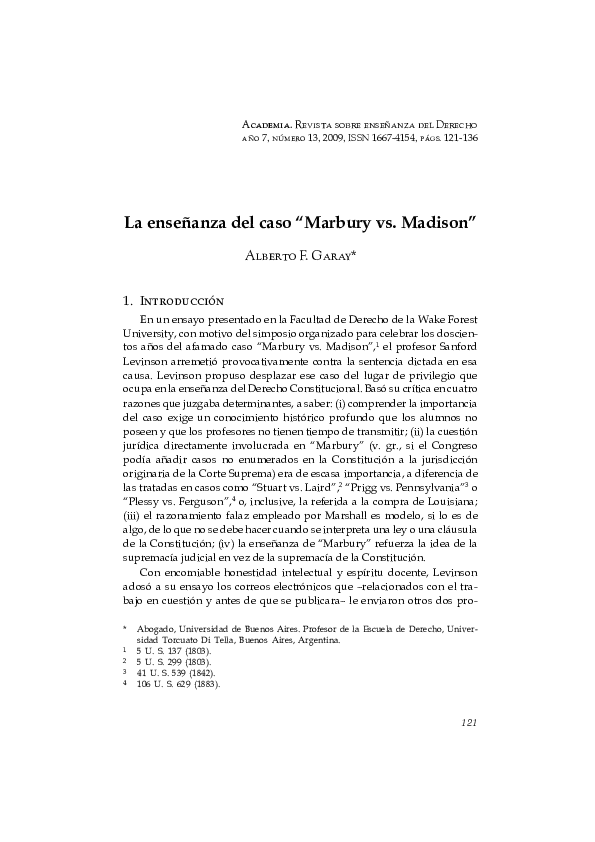 (PDF) La enseñanza del caso "Murbury vs. Madison | Alberto Garay ...