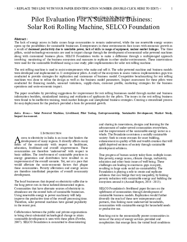 (DOC) Pilot Evaluation For A Sustainable Business: Solar Roti Rolling ...