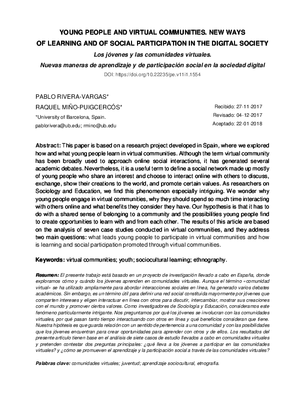 (PDF) YOUNG PEOPLE AND VIRTUAL COMMUNITIES. NEW WAYS OF LEARNING AND OF ...