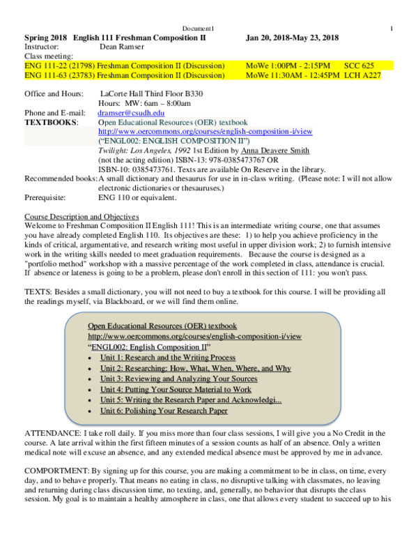 (DOC) Spring 2018 English 111 Freshman Composition II | Dean Ramser, Ed ...