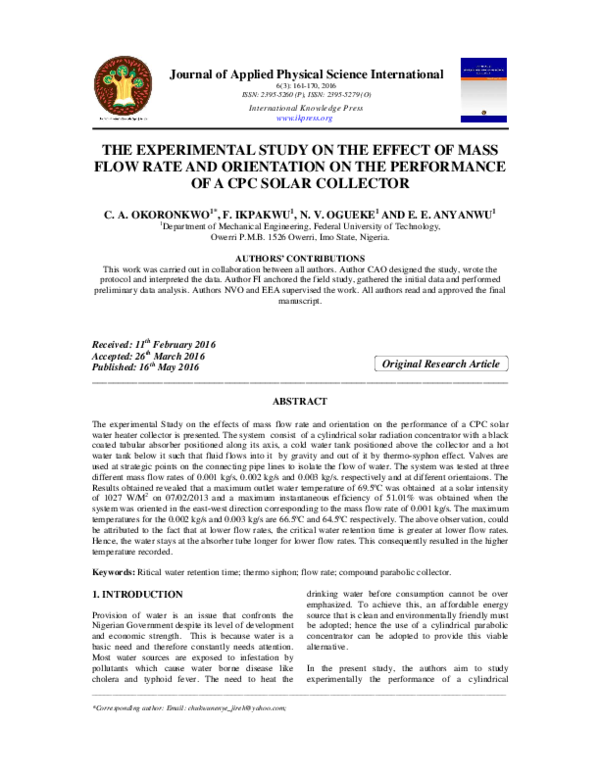 (PDF) THE EXPERIMENTAL STUDY ON THE EFFECT OF MASS FLOW RATE AND ...