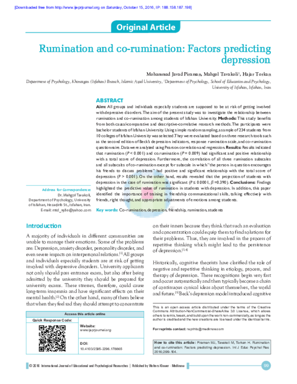(PDF) Rumination and co‑rumination Factors predicting depression
