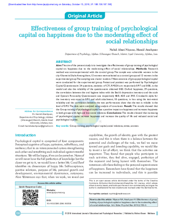 (PDF) Effectiveness of group training of psychological capital on ...