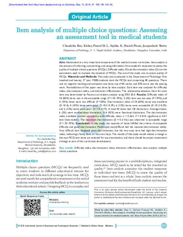 (PDF) Item analysis of multiple choice questions Assessing an