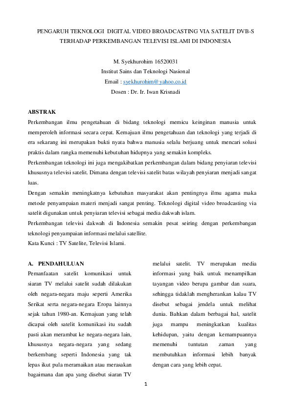 (PDF) PENGARUH TEKNOLOGI DIGITAL VIDEO BROADCASTING VIA SATELIT DVB-S
