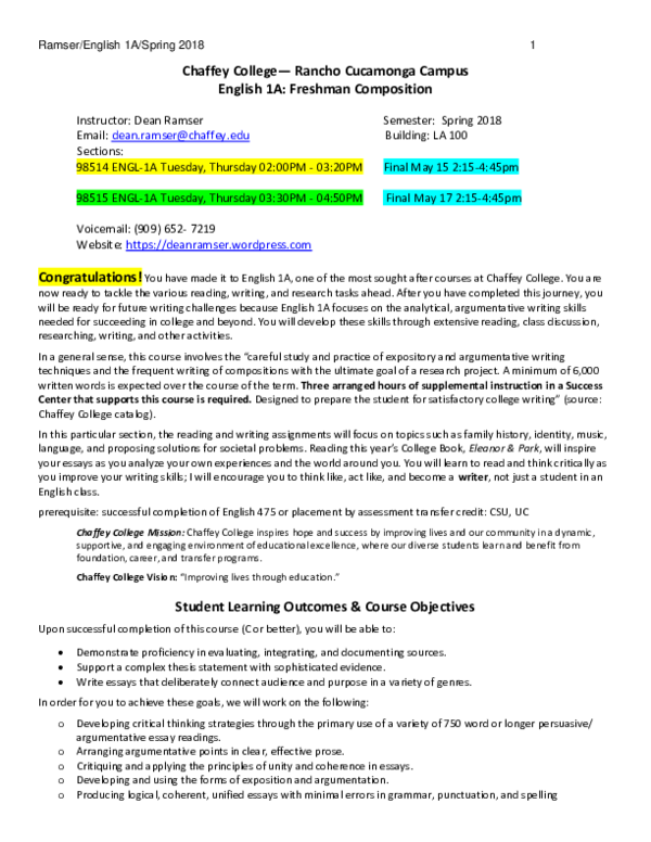 (DOC) Chaffey College— Rancho Cucamonga Campus English 1A Freshman