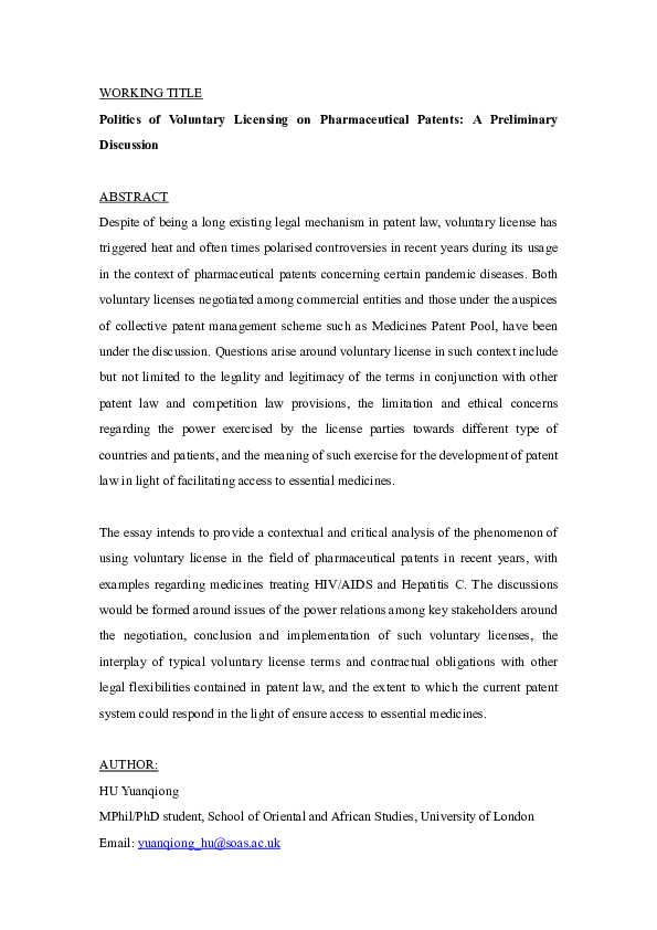 (DOC) Politics of Voluntary Licensing on Pharmaceutical Patents: A ...