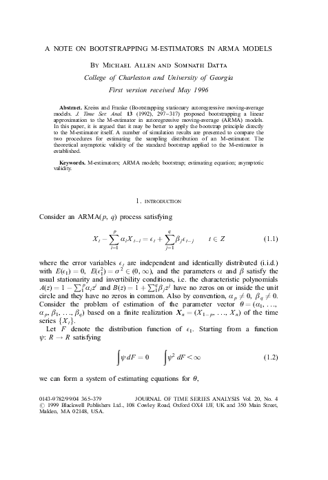 Pdf A Note On Bootstrapping M Estimators In Arma Models Michael Allen Academia Edu