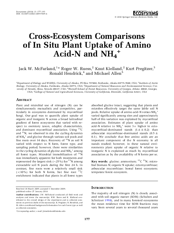(PDF) Cross-Ecosystem Comparisons of In Situ Plant Uptake of Amino Acid ...
