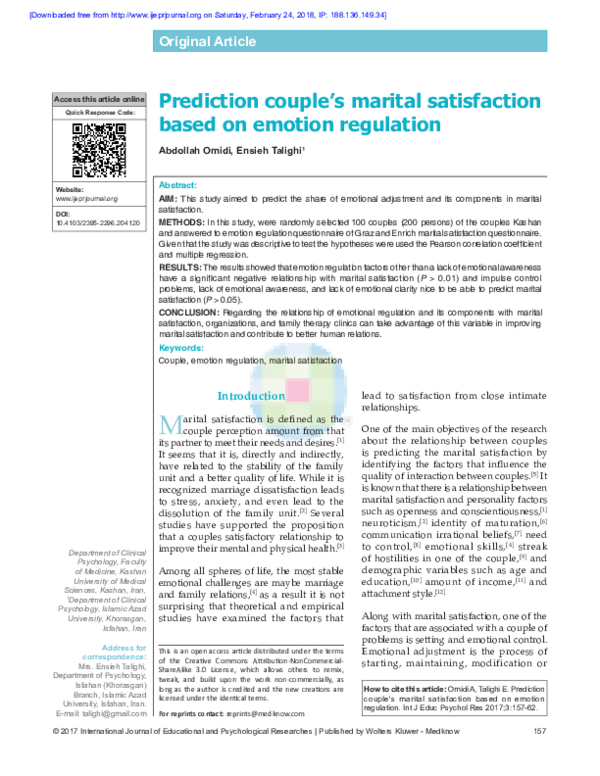 (PDF) Prediction couple's marital satisfaction based on emotion regulation