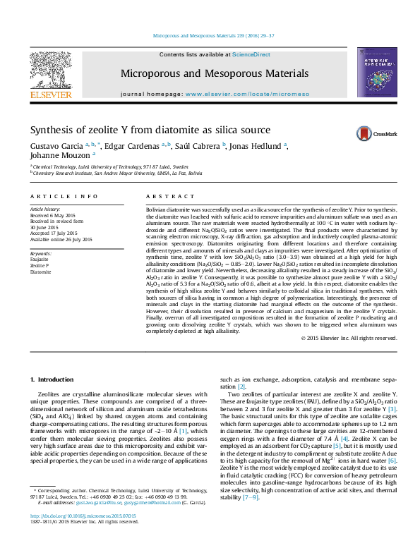 (PDF) Synthesis of zeolite Y from diatomite as silica source