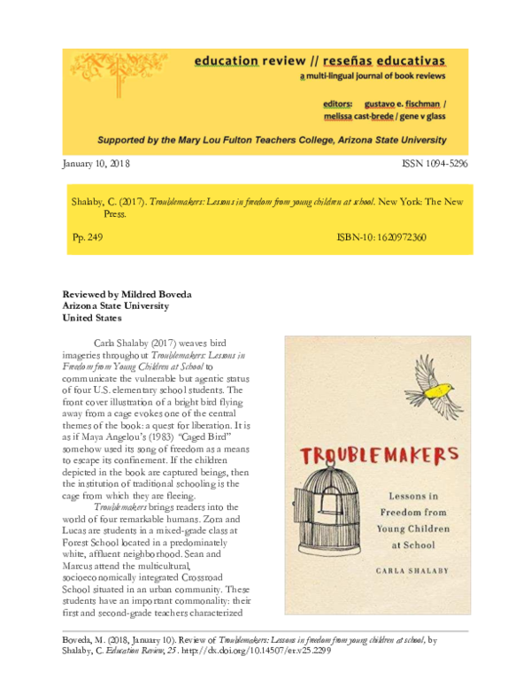 (PDF) Review of Carla Shalaby (2017) Troublemakers Lessons in Freedom from Young Children