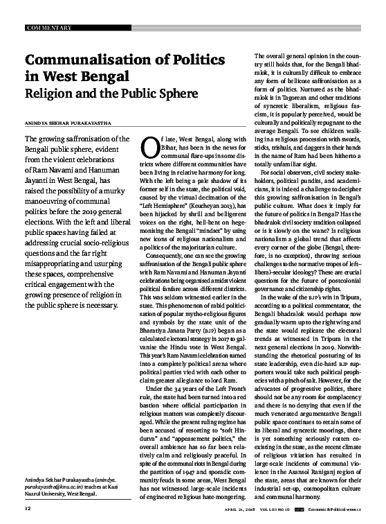 (PDF) Communalisation of Politics in West Bengal Religion and the ...