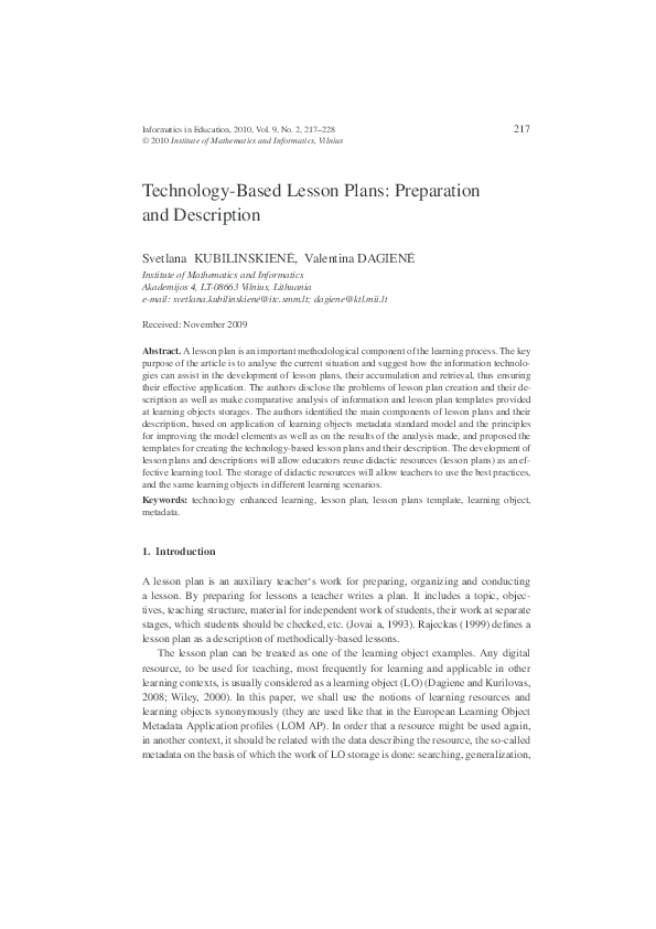 (PDF) Technology-Based Lesson Plans: Preparation and Description