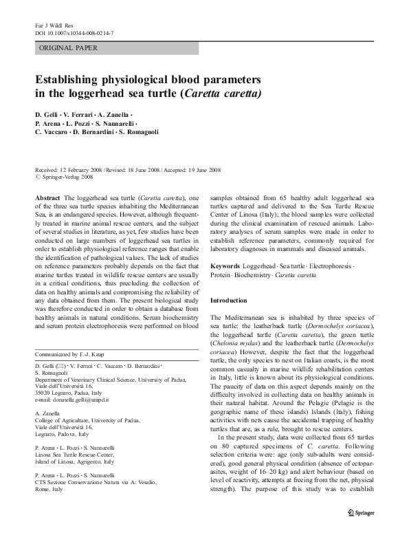 (PDF) Establishing physiological blood parameters in the loggerhead sea ...