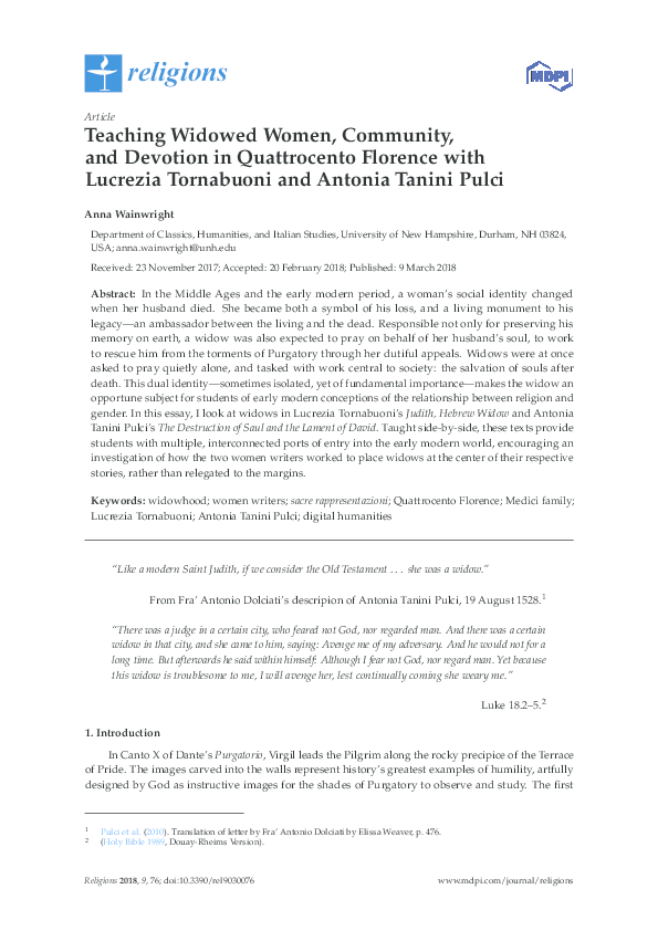 Teaching Widowed Women, Community, and Devotion in Quattrocento Florence with Lucrezia Tornabuoni and Antonia Tanini Pulci