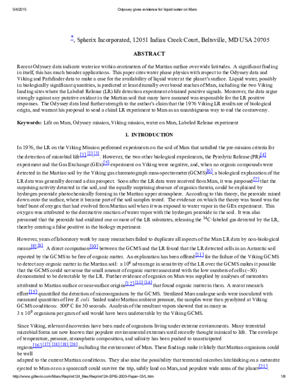 (PDF) [2003] 1 Odyssey gives evidence for liquid water on Mars