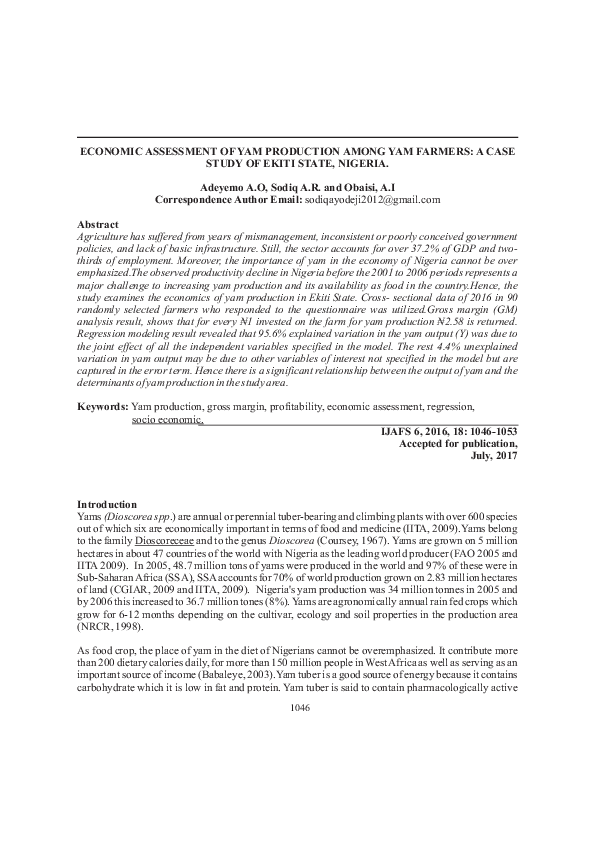 (PDF) ECONOMIC ASSESSMENT OF YAM PRODUCTION AMONG YAM FARMERS: A CASE ...