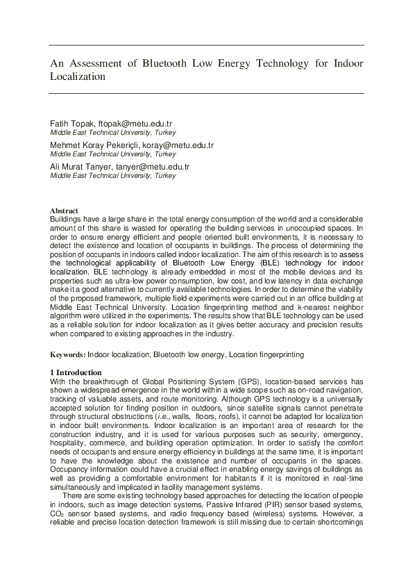 (PDF) An Assessment of Bluetooth Low Energy Technology for Indoor ...