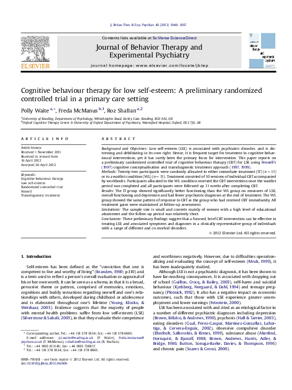 (PDF) Cognitive behaviour therapy for low self-esteem: A preliminary ...