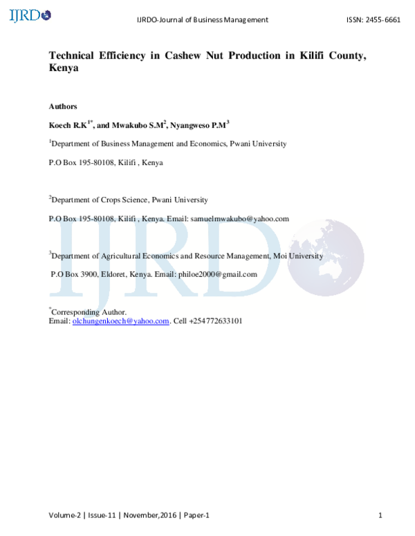 (PDF) Technical Efficiency in Cashew Nut Production in Kilifi County, Kenya Prof. Philip