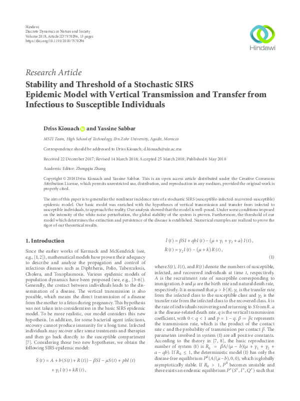 (PDF) Stability and Threshold of a Stochastic SIRS Epidemic Model with ...