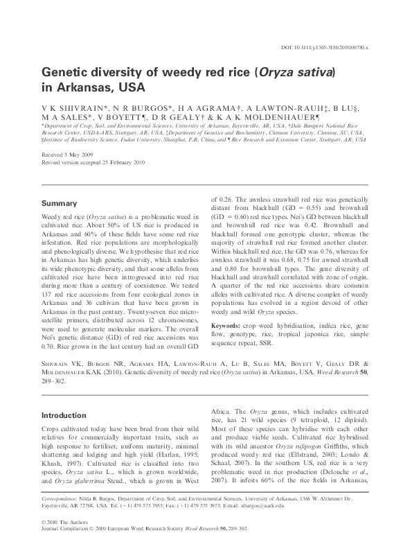 (PDF) Genetic diversity of weedy red rice (Oryza sativa) in Arkansas, USA