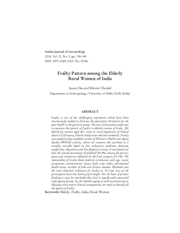 (PDF) Frailty Pattern among the Elderly Rural Women of India