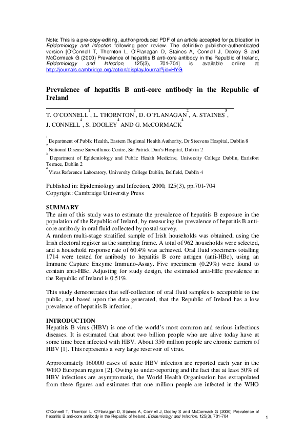 (PDF) Prevalence of hepatitis B anti-core antibody in the Republic of ...