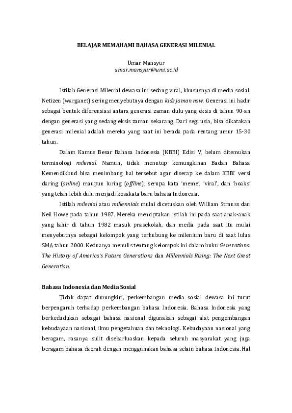 (PDF) BELAJAR MEMAHAMI BAHASA GENERASI MILENIAL Umar