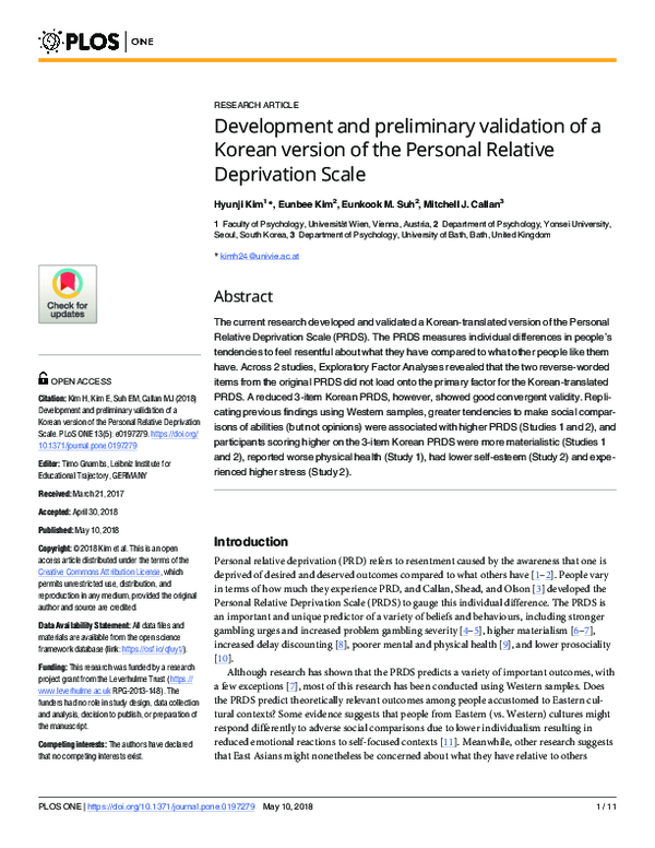 (PDF) Development and preliminary validation of a Korean version of the ...