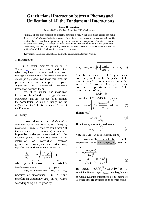 (PDF) Gravitational Interaction between Photons and Unification of All ...