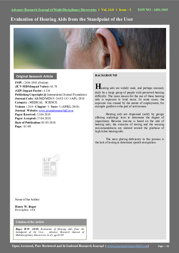 (PDF) Evaluation of Hearing Aids from the Standpoint of the User BACKGROUND