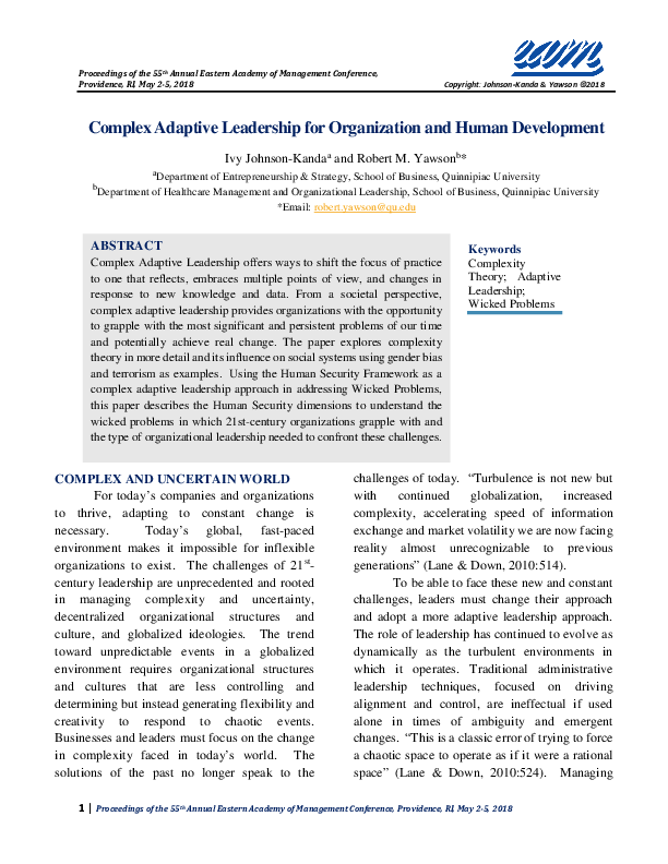 (PDF) Complex Adaptive Leadership for Organization and Human Development