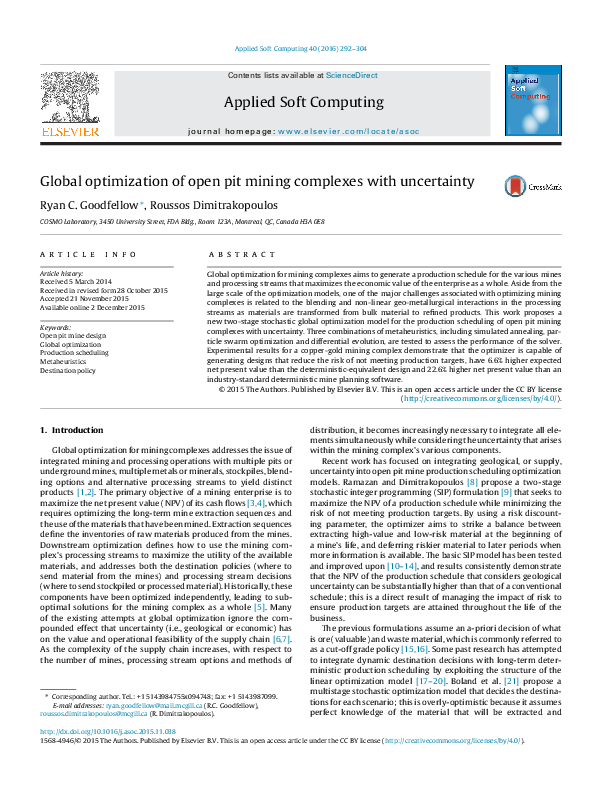 (PDF) Global optimization of open pit mining complexes with uncertainty