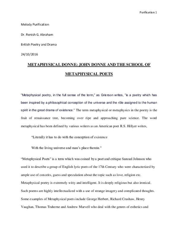 (DOC) John Donne as a Metaphysical Poet Melody Purification