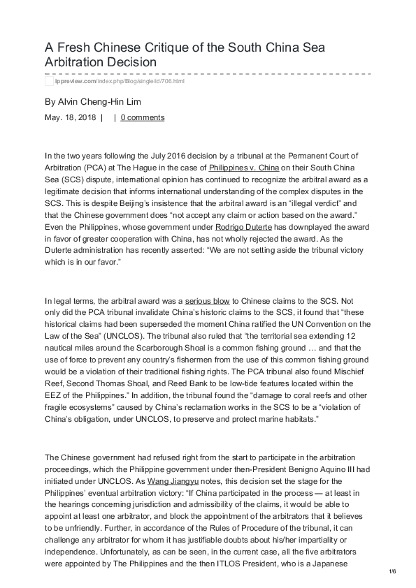(PDF) A Fresh Chinese Critique of the South China Sea Arbitration Decision