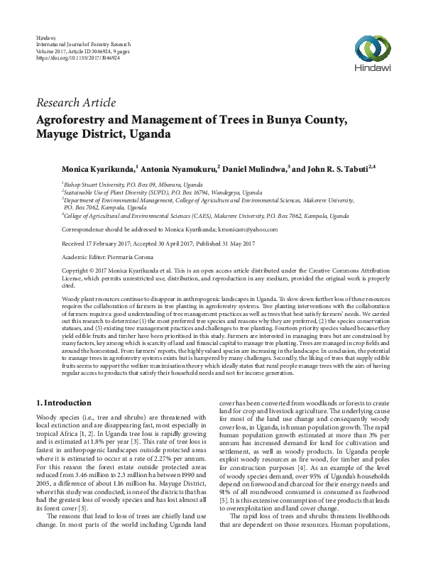 (PDF) Agroforestry and Management of Trees in Bunya County, Mayuge ...