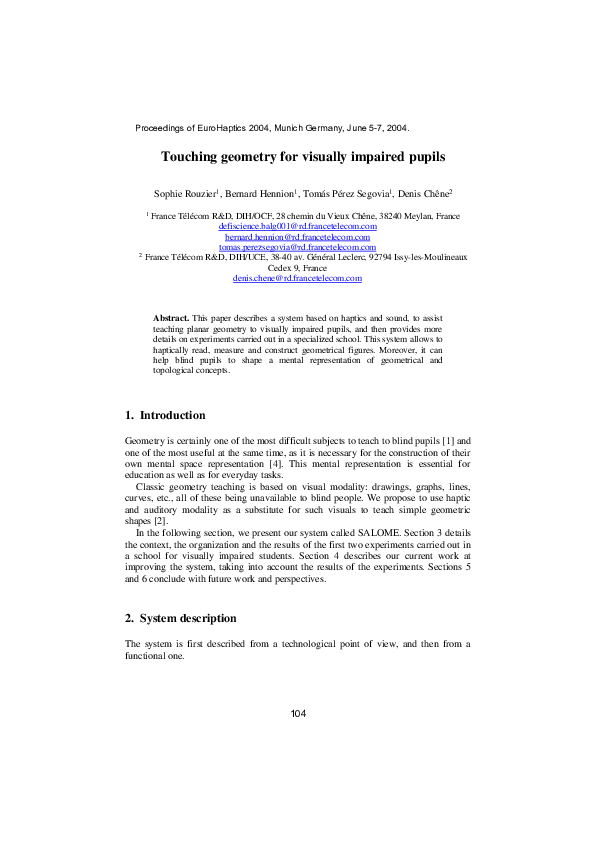 (PDF) Touching geometry for visually impaired pupils Denis Chêne