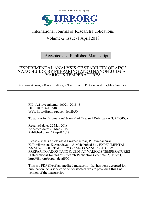 (PDF) EXPERIMENTAL ANALYSIS OF STABILITY OF Al2O3 NANOFLUIDS BY ...