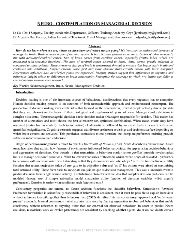 (PDF) Neuro - Contemplation on Managerial Decision